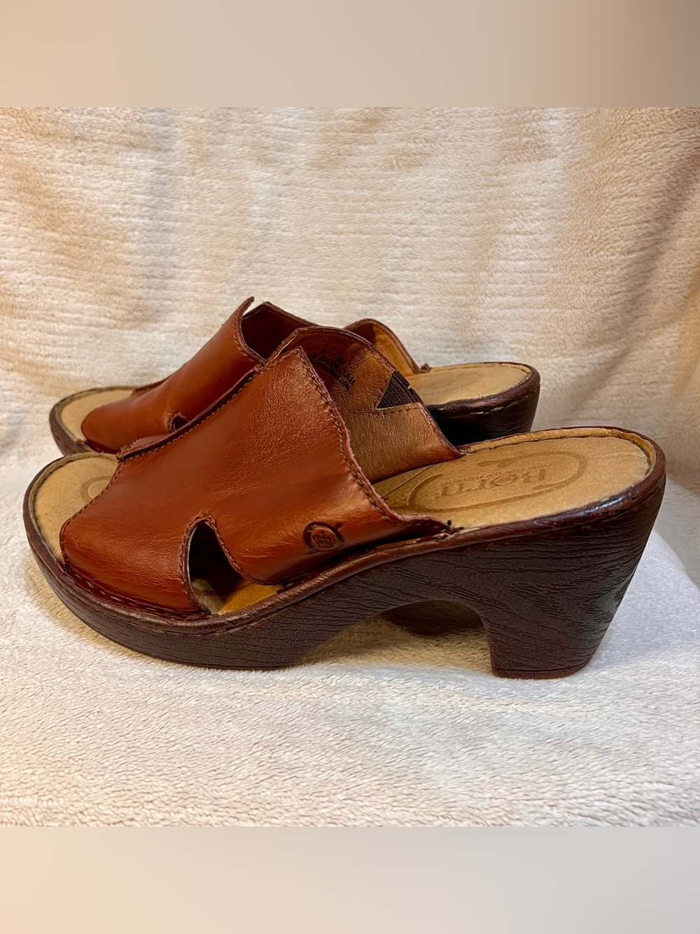 Born Cognac Leather Slide Clogs with Cutout Detail Size 8